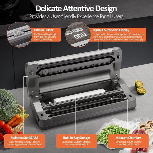Anybear Vacuum Sealer Machine - 90kPa 120W All-in-One Food Storage with Built-in Cutter | Includes 2 Bag Rolls & 5 Pre-Cut Bags (Gray)
