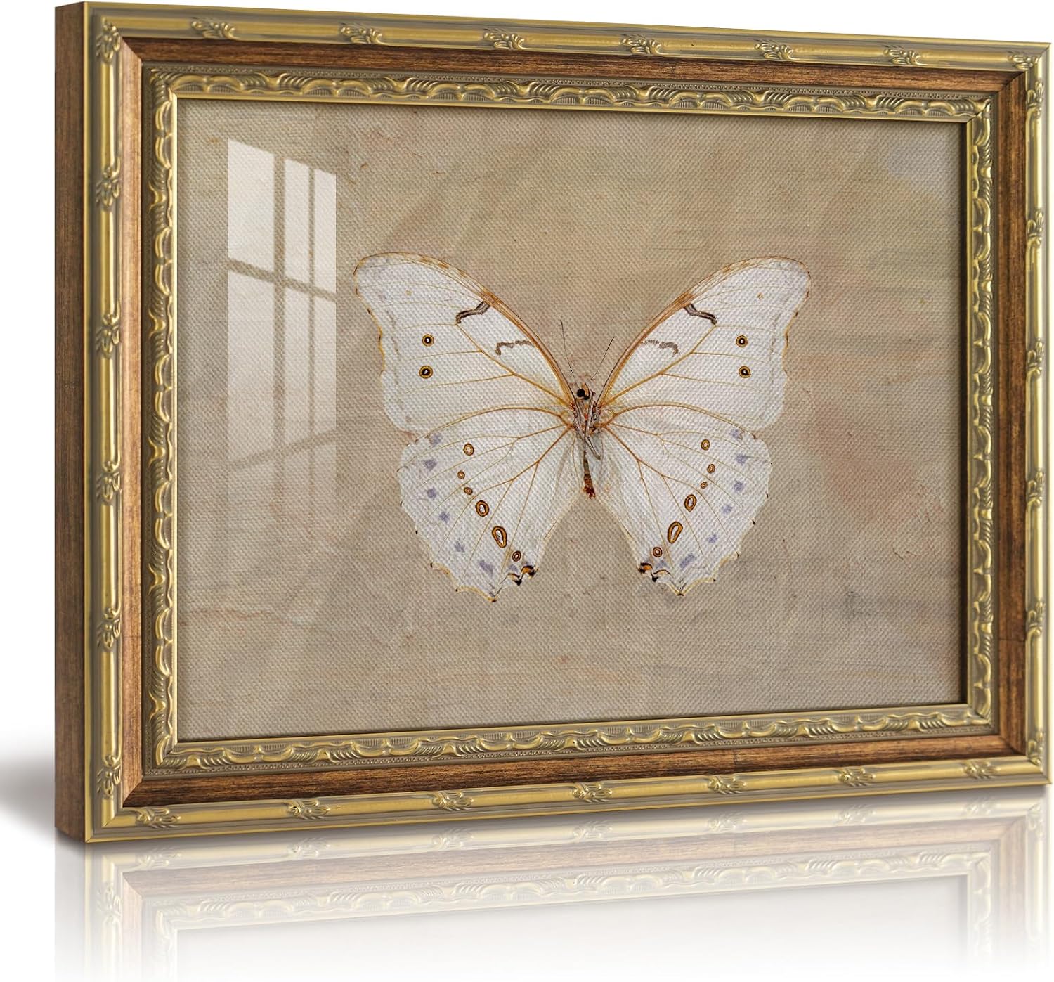 VIYYIEA Glass Gold Framed Wall Art - Vintage White Butterfly Canvas Painting | 13x16 Inch Home Decor