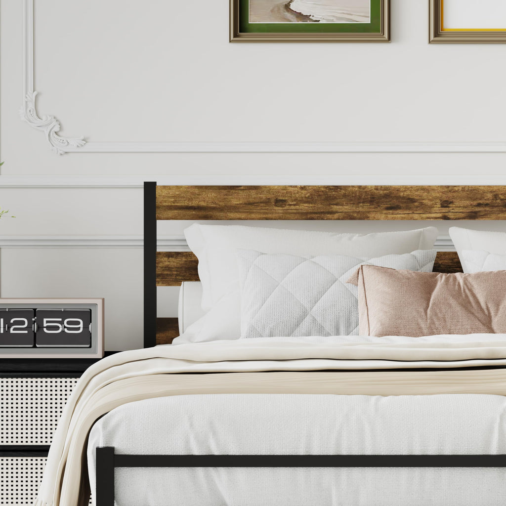 ZZBINUS Metal Platform Bed Frame with Headboard, Twin Size 39.0W x 77.7L x 36.2H inches, Wood and Faux Leather, Walnut (Walnut Colour, Twin)