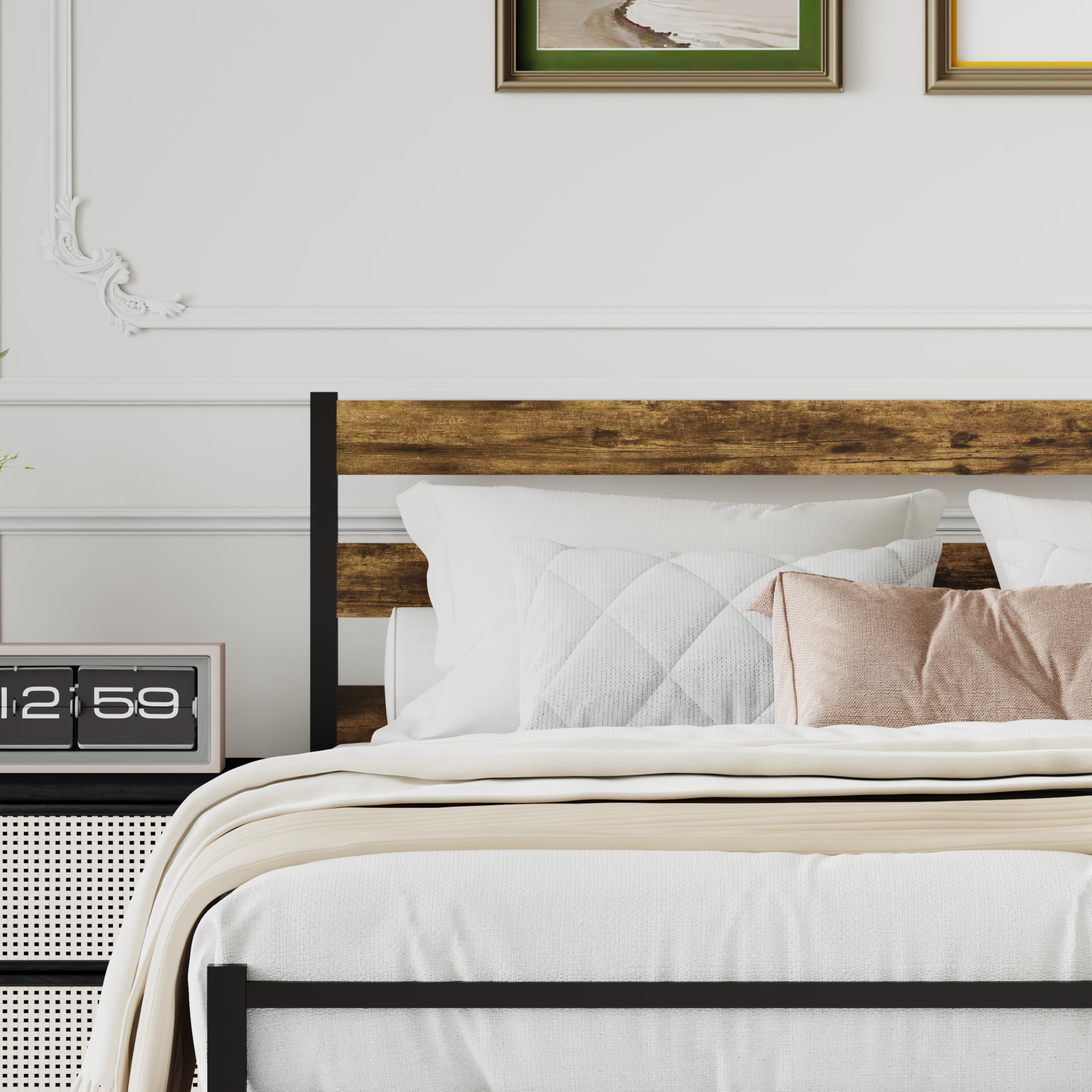 ZZBINUS Metal Platform Bed Frame with Headboard, Twin Size 39.0W x 77.7L x 36.2H inches, Wood and Faux Leather, Walnut (Walnut Colour, Twin)
