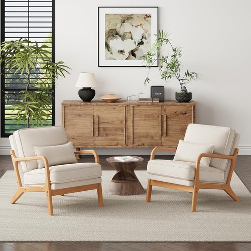 MALOL Mid-Century Accent Chair with Solid Wood Frame, Reading Relaxing Armchair Lumbar Pillow& Soft Cushion, Leisure Chair for Living Room, Bedroom, Waiting Room-Beige