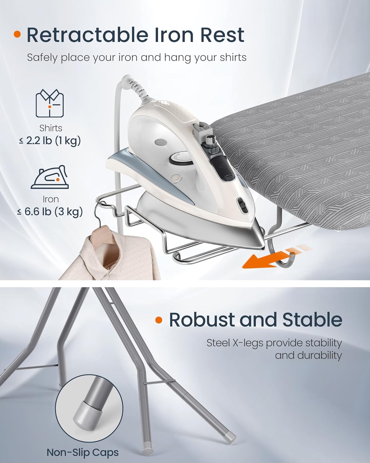 SONGMICS Ironing Board - Foldable & Height Adjustable Up to 35 Inches | 4-Layer Cover & Iron Rest, Dove Gray