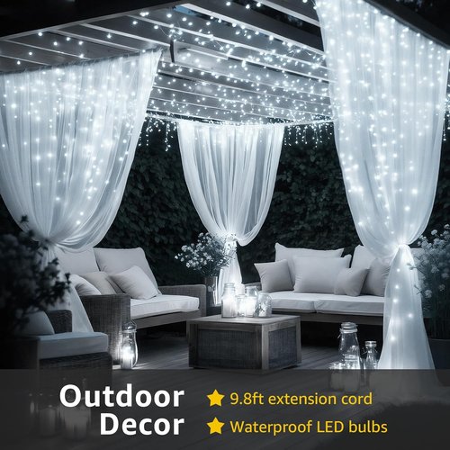 FUYO 300 LED Window Curtain String Lights - Waterproof Fairy Lights with 8 Modes for Bedroom, Party & Wedding Decor (White)