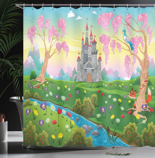 Ambesonne Cartoon Shower Curtain, Tale Castle Scenery in Floral Garden Girls Fantasy Picture, Cloth Fabric Bathroom Decor Set with Hooks, 69" W x 70" L, Pink Blue
