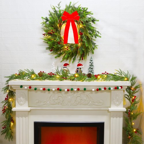 Lulu Home 9FT Pre-lit Christmas Garland, 30 LEDs Xmas Lighted Garland with Pinecones Red Berries, Battery Operated Garland with Timer for Fireplace Balcony Railing Fence Decoration