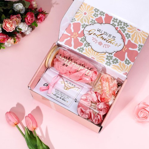 Honeydak 8 Pcs Godmother Proposal Gift Set Will You Be My Godmother from Godchild 16oz Glass Cup Necklace Trinket Ring Dish Gift Box for Mother's Day Easter Birthday Baptism(Rose Gold)