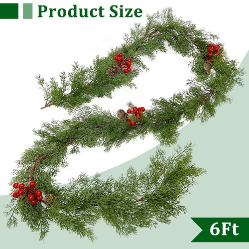 Prelit & Timer - 6 Ft Real Touch Christmas Cedar Garland with Lights, Lighted Christmas Garland for mantle Table Holiday, Soft Greenery Pine Cypress Garlands Pinecone Berry Battery Operated Xmas Decor