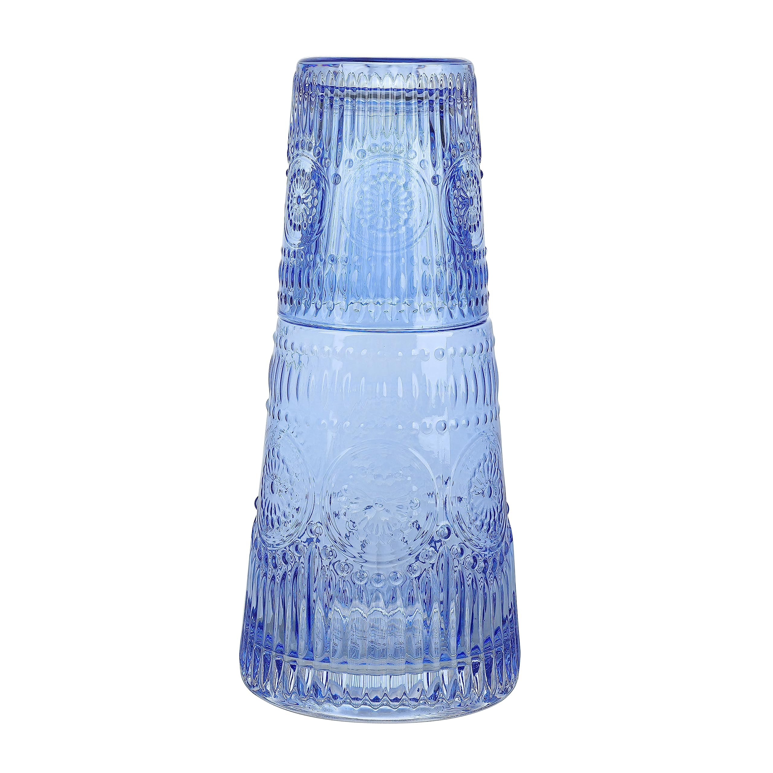 Elle Decor Bedside Water Carafe with Tumbler Set, 33 oz – Cobalt Blue Nightstand Pitcher with Matching Drinking Glass Lid for Guest Room, Office, Gifting Use – Elegant Glass Drinkware
