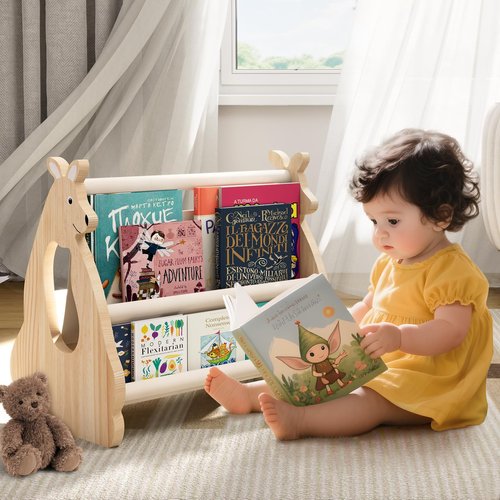 Lullulii Double Sided Kids Bookshelf – 2 Tier Portable Toddler Bookshelf, Book Shelf for Kids Rooms & Playroom, Cute Kangaroo Design Wooden Montessori Baby Bookshelf,Toddler Book Display Shelve,Nature