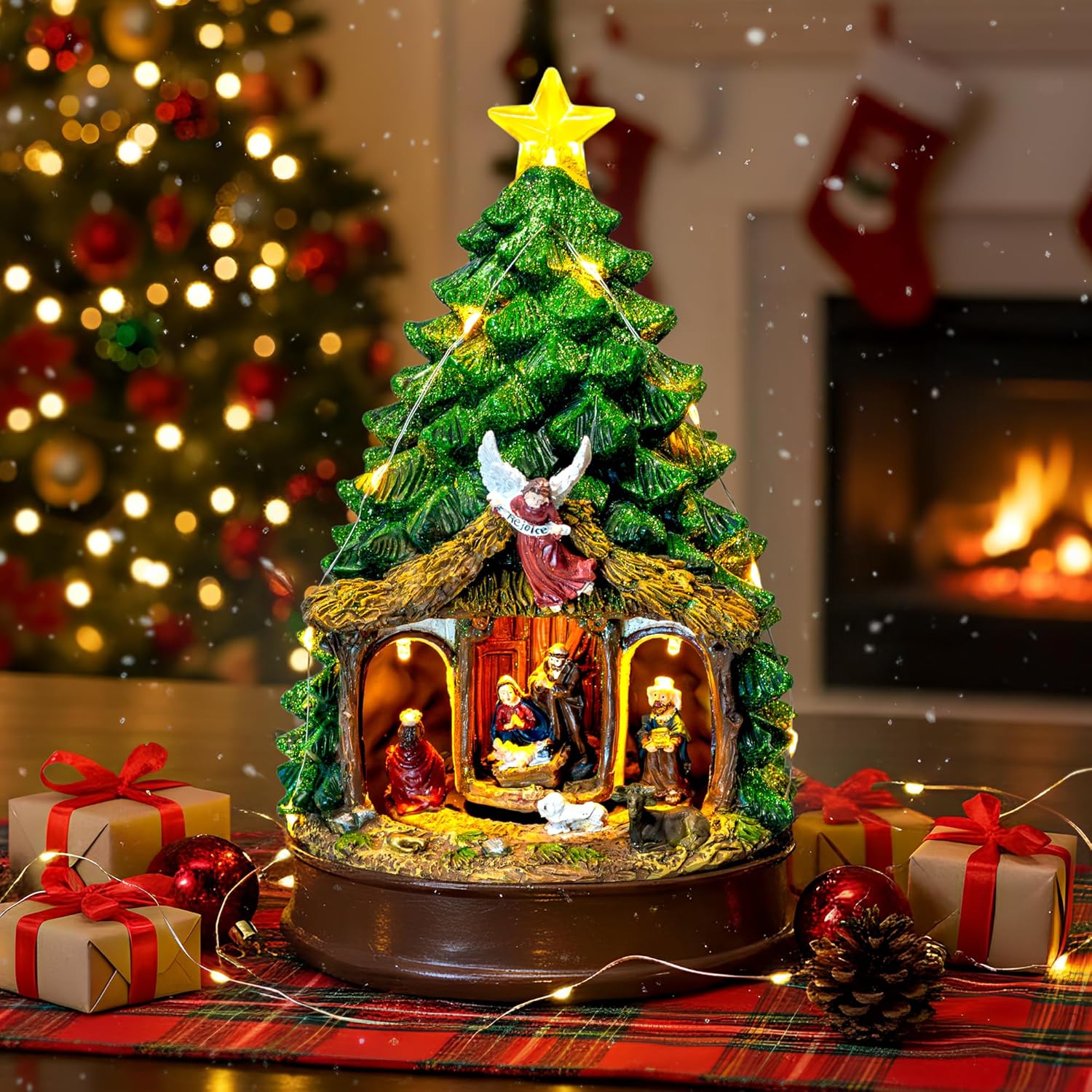 Regine Switzerland Christmas Tree Nativity Scene - Lighted Animated Angel Family Figurines | Musical LED Decor for Home