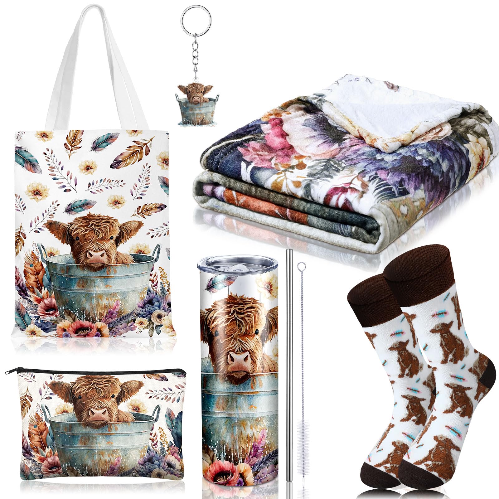 Tiangrid 6 Pcs Highland Cow Gifts for Women Include 20 oz Stainless Steel Tumbler with Lid and Straw Cosmetic Bag Throw Blanket Keychain Socks Handbag for Women Girls(Multicolor)