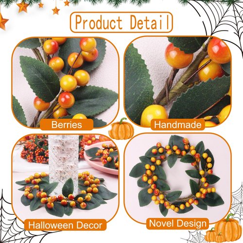 Brihasory Orange Berry Fall Candle Rings Wreaths Set of 2, Small Christmas Wreath 7 Inch Wide with 3 Inch Center Thanksgiving Table Decor Halloween Candle Holders for Table Centerpieces(2PCS)