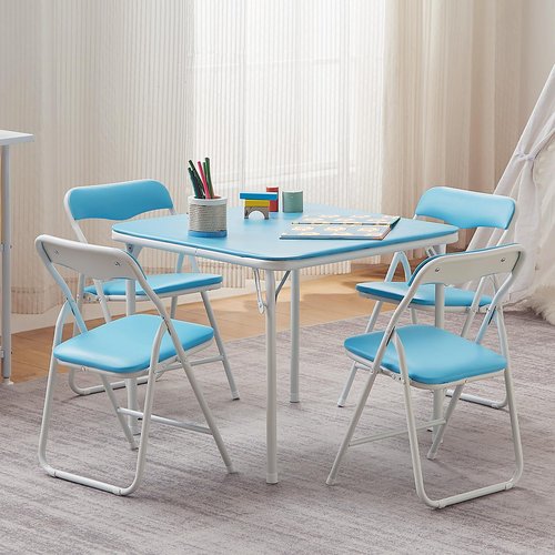 VECELO Kids Folding Activity Table and Chairs 5 Pcs, Portable, with Ultra Soft Padded Cushion, 5 Piece Set, Baby Blue