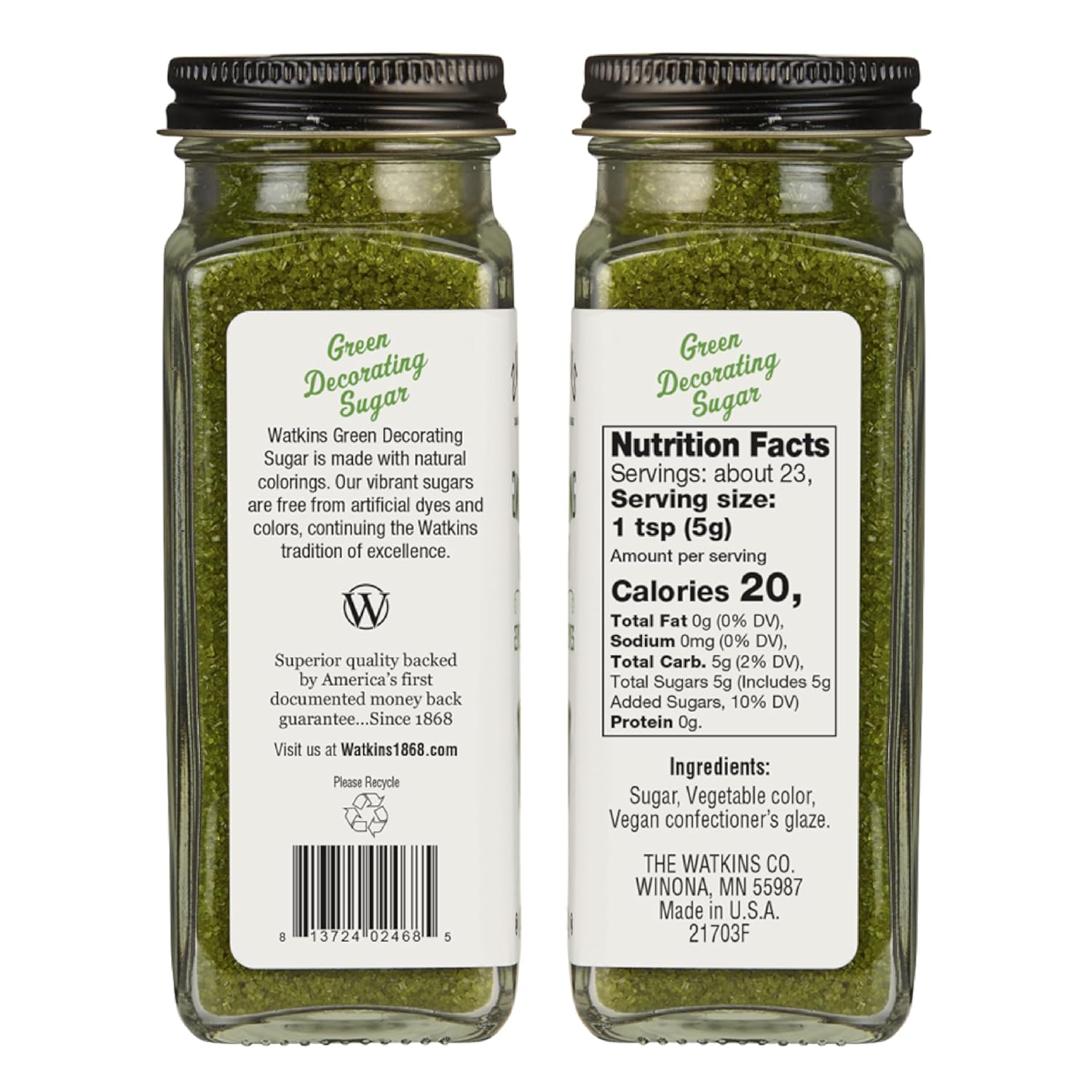 Watkins Green Decorating Sugar - Non-GMO, Kosher, No Artificial Dyes - 4.2 Ounce Pack