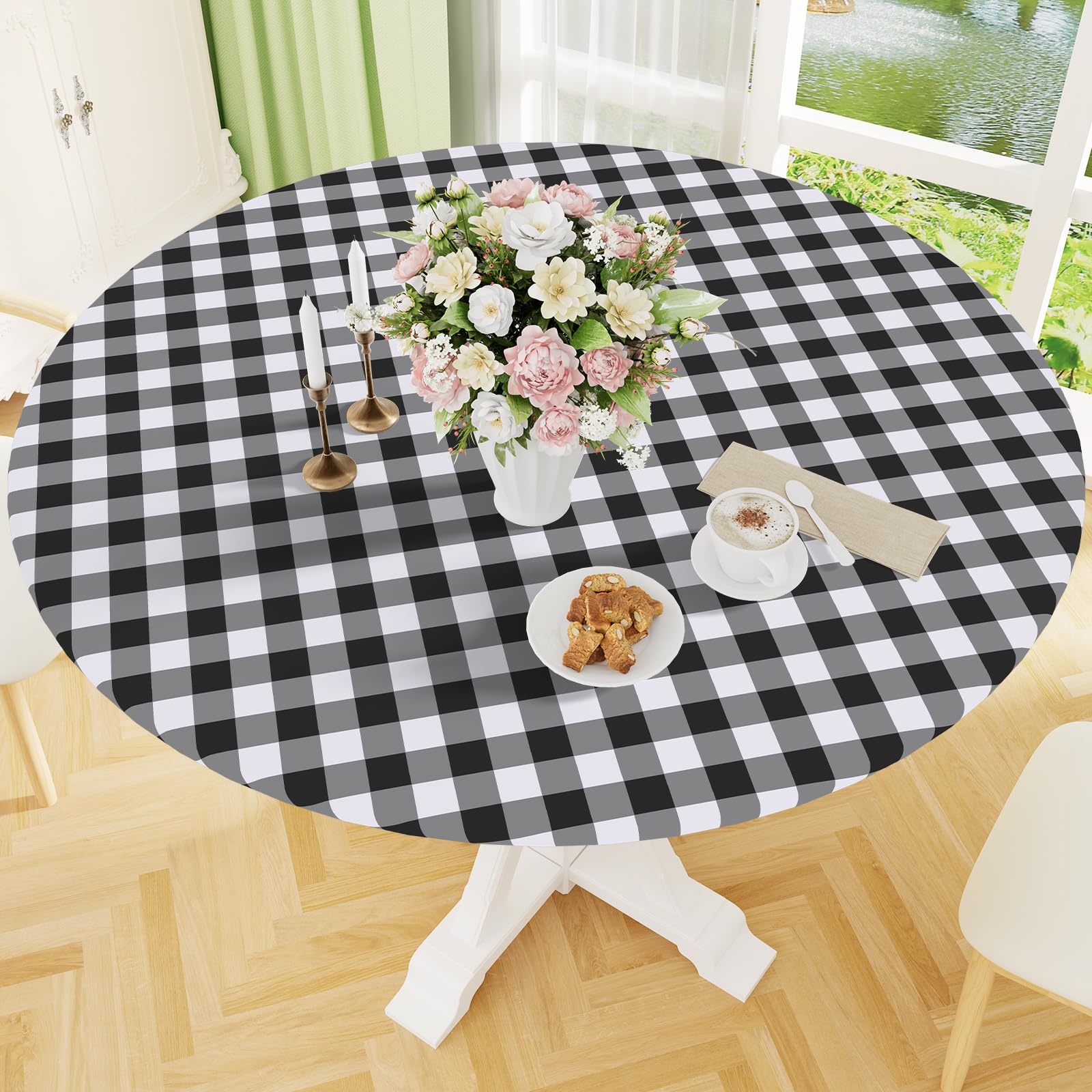 Smiry Round Picnic Tablecloth, Elastic Waterproof Fitted Vinyl Tablecloths for 57"-68" Tables, Flannel Backed Buffalo Plaid Table Cover for Dining, Camping, Outdoor, Black and White