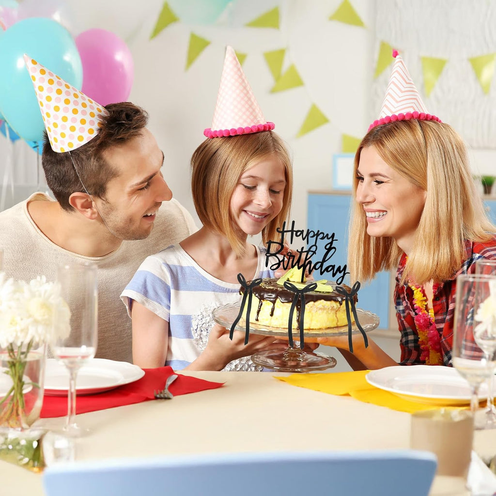 Skiennix 7 Pcs Black Bow Cake Toppers - Elegant Happy Birthday & Wedding Decorations