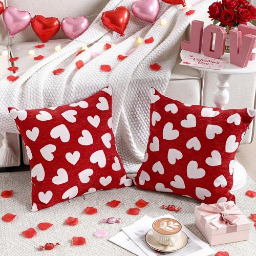 Frienda Valentine's Day Chenille Pillow Covers 18 x 18 Inch Set of 2, Valentine Red and White Hearts Pattern Decorative Throw Pillow Cases for Couch Sofa Bedroom Valentines Holiday Festival Home Decor