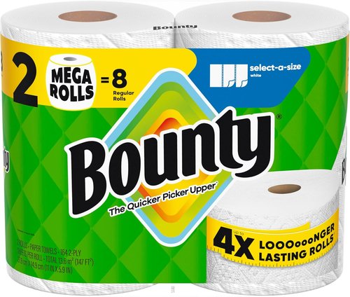 Bounty Select-A-Size Paper Towels - Ultra-Absorbent White Mega Rolls | 2 Rolls = 8 Regular Rolls