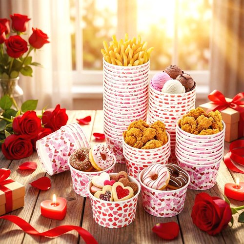 Newtay 120 Pieces Valentine's Day Heart Treat Snack Cups 8oz Disposable Paper Galentine Heart Paper Bowls Ice Cream Snack Bowls for Food Soup Hot Cold Drink