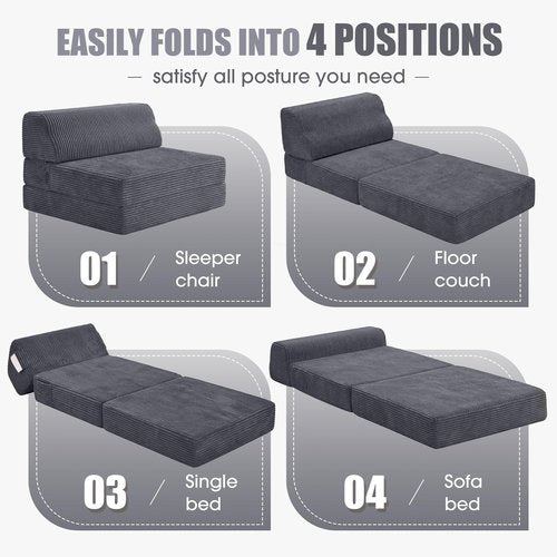 Kasunpul Folding Sofa Bed with Pillow, Memory Foam Fold Out Chair Bed, Convertible Sleeper Chair with Washable Cover, Futon Floor Couch for Living Room/Dorm/Guest Use/Home Office/Apartment, Gray