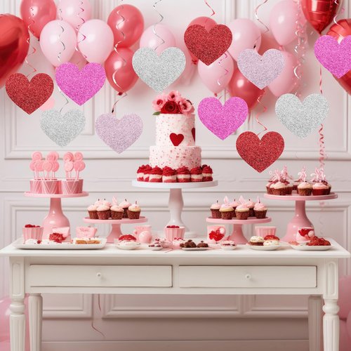 Chivertion 32 Pcs Valentines Party Decorations Pink Red Heart Hanging Swirls Decor Double-Sided Glitter Heart Streamers Ceiling Swirls for Valentine's Party Romantic Wedding Hanging Decorations