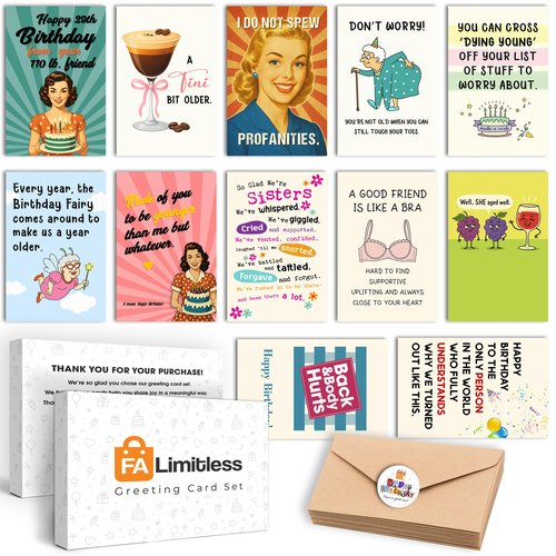 FALIMITLESS Funny Birthday cards for Women (12 Pack) – Hilarious Greeting Card Set with Envelopes & Stickers – Sarcastic, Relatable Humor for Best Friends, Sisters, Coworkers
