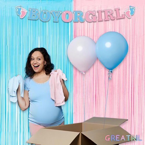 GREATRIL Photo Backdrop - Pink and Blue Foil Fringe Tinsel Streamers for Gender Reveal | 3.2ft X 8.2ft - 2 Packs