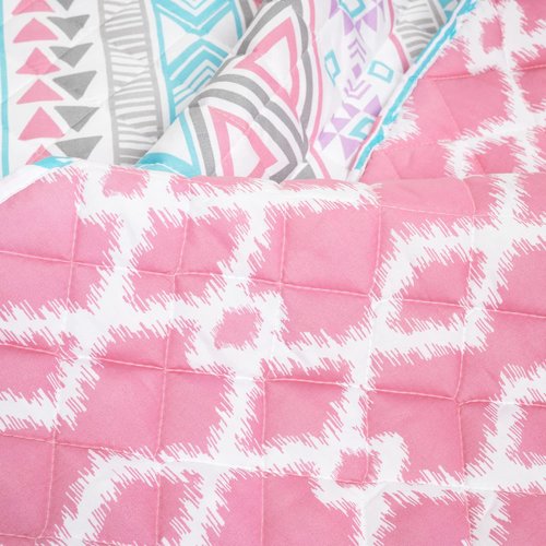 Lush Decor Navajo Stripe Malibu Reversible Quilt Twin Size 2 Piece Set Pink & Turquoise - Toddler Bedding Set Twin Quilt - Pink Kids Bedroom Decor
