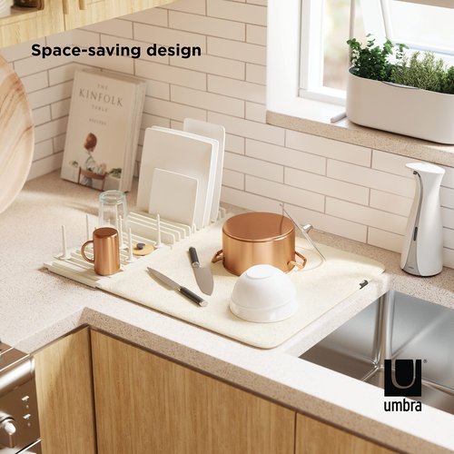 Umbra Udry Dish Rack with Movable Pegs and Microfiber Drying Mat – Space-Saving Design Folds Up for Easy Storage, Basic Rack, Linen