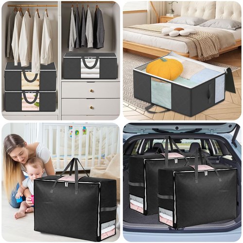 6Pack 105L Extra Large Blanket Comforter Storage Bags, Foldable Storage Bags for King Comforter Bedding Pillow Sheet Clothes with Handles Zippers Clear Window Closet Organizers and Storages, Black