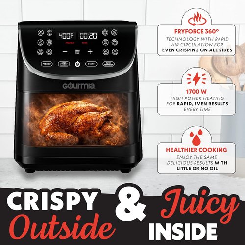 Gourmia Air Fryer - 7 Qt Large Capacity with LED Display & 12 One-Touch Presets | Nonstick Basket & Crisper Tray, Black