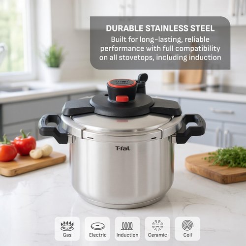 T-fal Clipso Stainless Steel Pressure Cooker, 6.3 Quart, Recipe Book, Steam Basket, Easy-Open Lid, Secure Locking System, Adjustable Pressure Valve, Induction Cookware, Pots and Pans, Kitchen, Silver