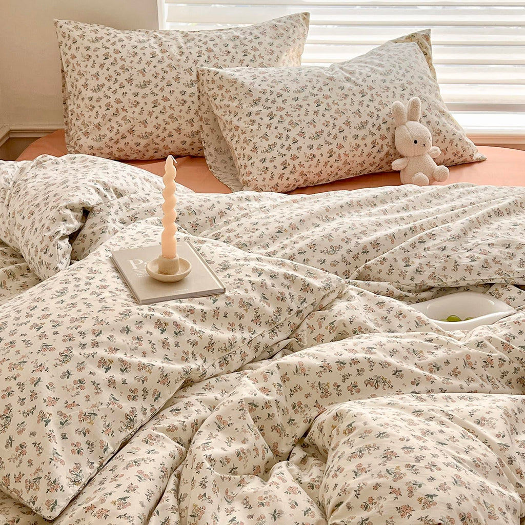 Aesthetic Floral Duvet Cover Twin Cozy Cotton Bedding Set Twin Shabby Chic Green Botanical French Style Duvet Cover Set Off White Comforter Cover with Fresh Flower Pattern, Breathable, Lightweight