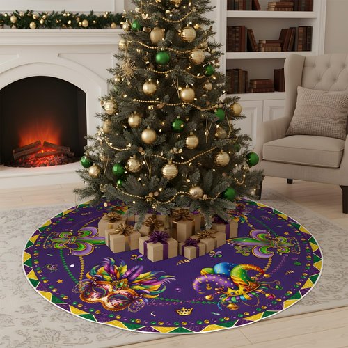 VISSTREE Mardi Tree Skirt, 48 Inch Mardi Carnival Tree Decorations, Purple Carnival Masquerade Mask Round Collar Mat for Christmas Gras Holiday Festive Party Indoor Ornaments Home Decor