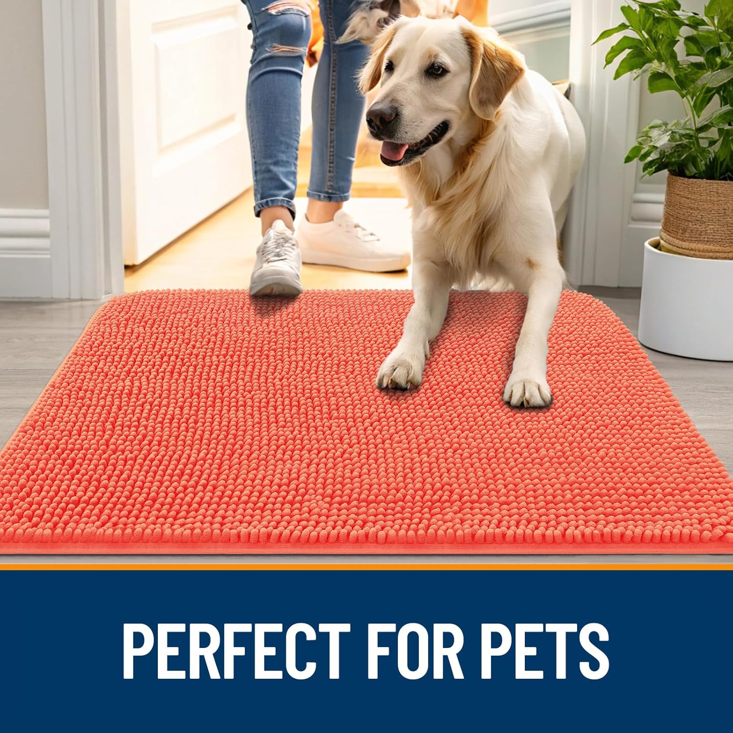 OLANLY Dog Door Mat - Absorbent Non-Slip Mud Mat for Indoor Use | 36x24 Coral, Quick Dry Chenille