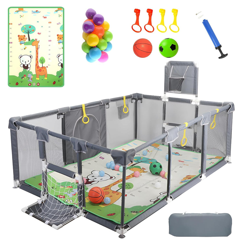 Upgraded Playpen - Enhanced Thick Foldable Mat, Balls, 4 Rings, Storage Bag & Sports Nets - BPA-Free & Safe