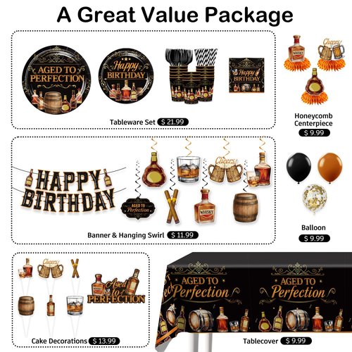 Yingoto Aged to Perfection Birthday Decorations for Men – 207PCS Whiskey Birthday Decorations Set with Plates, Napkins, Cups, 2 Tablecloths, Balloons, Banner & Cupcake Toppers, Serves 25 Guests