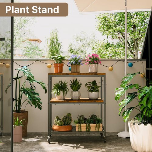 NEHAJUNXI 3 Tier Rolling Kitchen Microwave Cart with 6 Hooks, Utility Cart Storage Table Stand on Lockable Wheels, Small Coffee Shelf Rack Organizer,Brown
