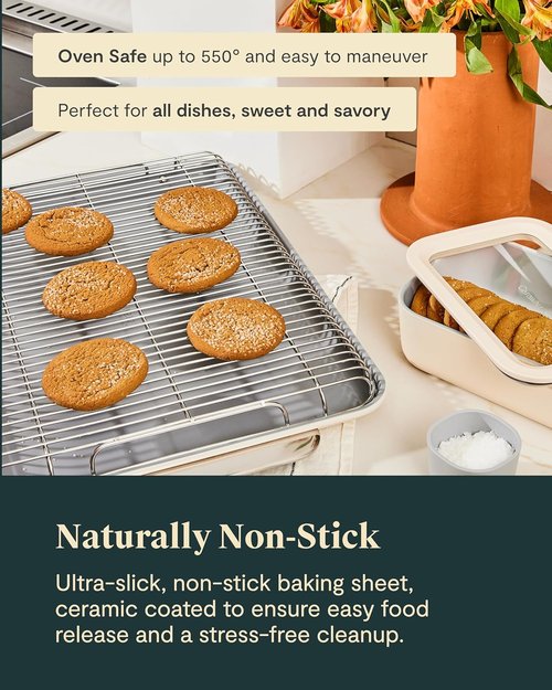Caraway Non-Stick Ceramic Baking Sheet & Cooling Rack | Non-Toxic, PTFE & PFOA Free - Large (18" x 13") - Cream