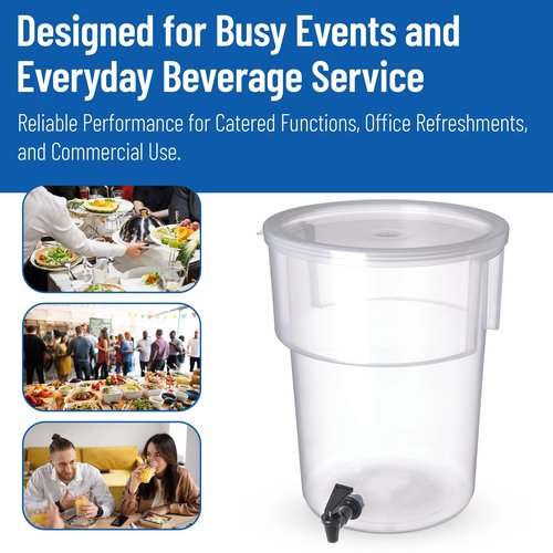 Carlisle FoodService Products Round Beverage Dispenser Drink Dispenser with Spigot for Catering, Plastic, 5 Gallons, Clear