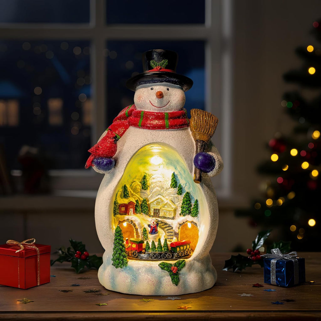 Snowman Figurine | Lighted Christmas Village with Animated Train - Battery/USB Powered Holiday Decor
