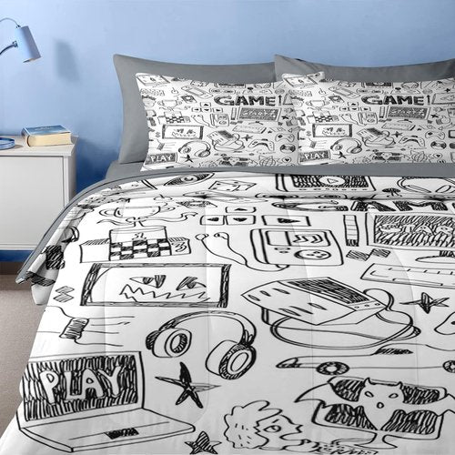 Nesker Comforter Set Twin Size, Computer Games Doodles 5 Pcs Bedding for Kids Teens, Gamer Gaming Black Bedding Set with Pillowcase & Sham