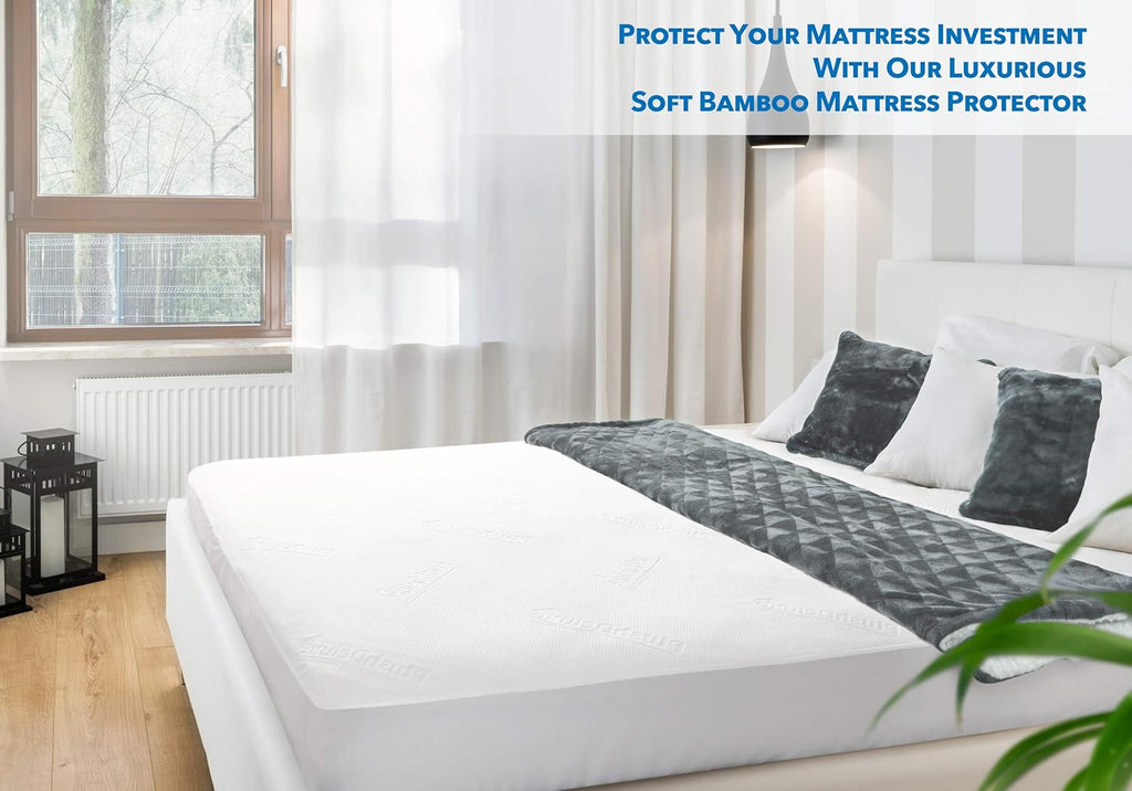 PlushDeluxe Bamboo Mattress Protector - King Size, Waterproof & Ultra Soft for Comfort - White