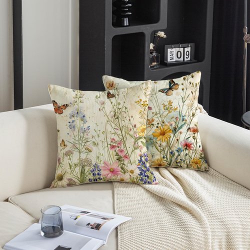 TAJWE Spring Floral Pillow Covers 18x18 Inch Set of 2 Wild Flowers Plant Butterfly Decorative Pillowcases Farmhouse Summer Seasonal Cushion Cases for Sofa Couch Home Decor