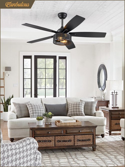 Fanbulous Farmhouse Ceiling Fans with Lights and Remote, 52 Inch Industrial Black Caged Ceiling Fans for Living Room Bedroom Kitchen, 6 Speed Reversible Quiet DC Motor, Dual Finish 5 Blades