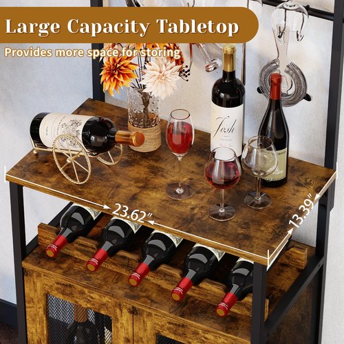 X-cosrack Bar Cabinet for Liquor and Glasses, Wine Rack Freestanding Floor for Small Space, 3-Tiers Storage Shelves, Industrial Coffee Bar with S Hooks, Small Buffet Sideboard Cabinet for Home