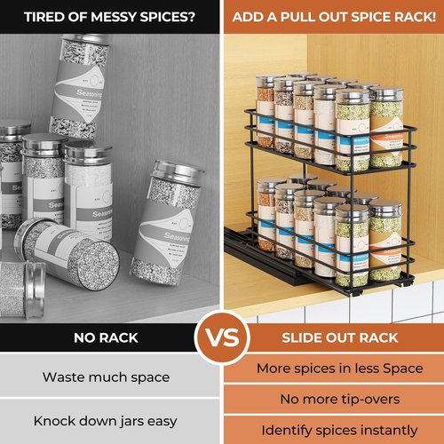 Mystozer Pull Out Spice Rack Organizer for Cabinet, Slide Out Spice Racks, Easy to Install, 4.33" Wx10.43 Dx8.66 H, 1 Drawer 2 Tiers(Black)