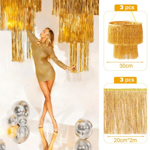 Hahafelt 6 Pcs Graduation Party Decorations 1920s 2 Tier Tinsel Chandelier Foil Fringe Tassels Trim Shiny Hanging Ceiling Fringe Banners for 1920s Disco Birthday Grad Party Props(Gold)