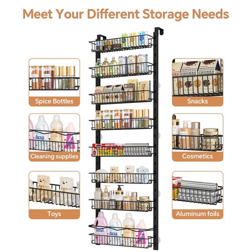 MIAOLI Over the Door Pantry Organizer, 8-Tier Adjustable Spice Rack Cabinet Door Shelves, Hanging Seasoning Organizer for Kitchen Bathroom, Laundry Room Organization, Black
