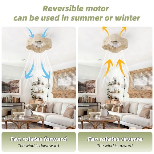 Gryalcy 20" Boho Ceiling Fan with Light, Rattan Flush Mount Ceiling Fan with Light Remote Control, Caged Enclosed with 6 Speeds for Bedroom, Living Room, Foyer, Nursery (Yellow)
